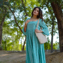 Aarini – Aqua Bloom Handblock Khari Printed Cotton Dress