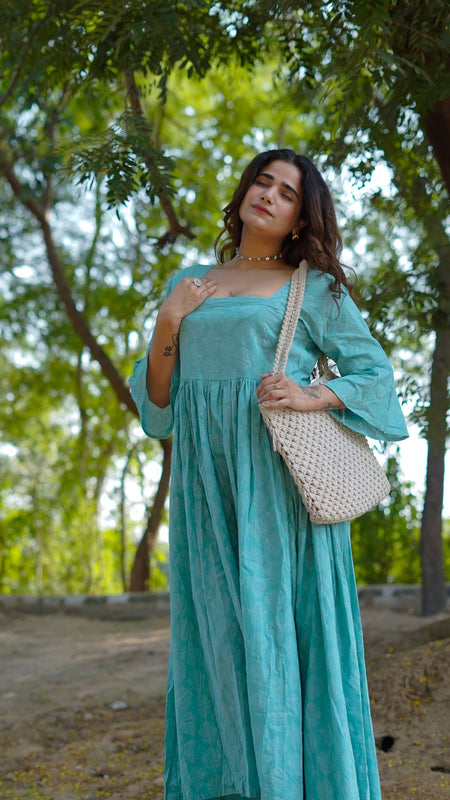 Aarini – Aqua Bloom Handblock Khari Printed Cotton Dress