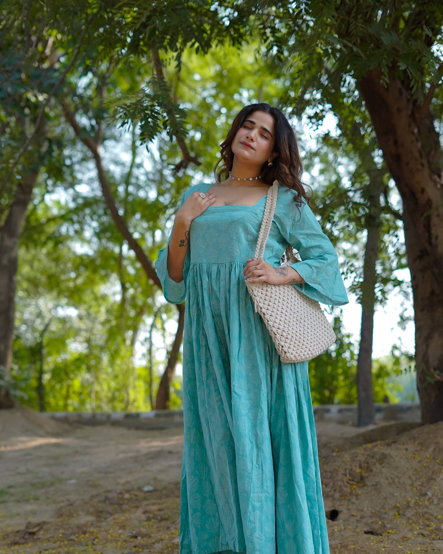 Aarini – Aqua Bloom Handblock Khari Printed Cotton Dress