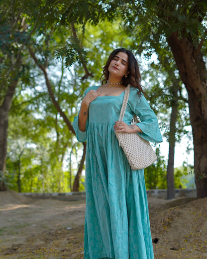 Aarini – Aqua Bloom Handblock Khari Printed Cotton Dress