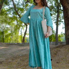 Aarini – Aqua Bloom Handblock Khari Printed Cotton Dress
