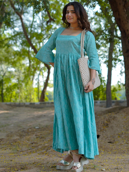 Aarini – Aqua Bloom Handblock Khari Printed Cotton Dress