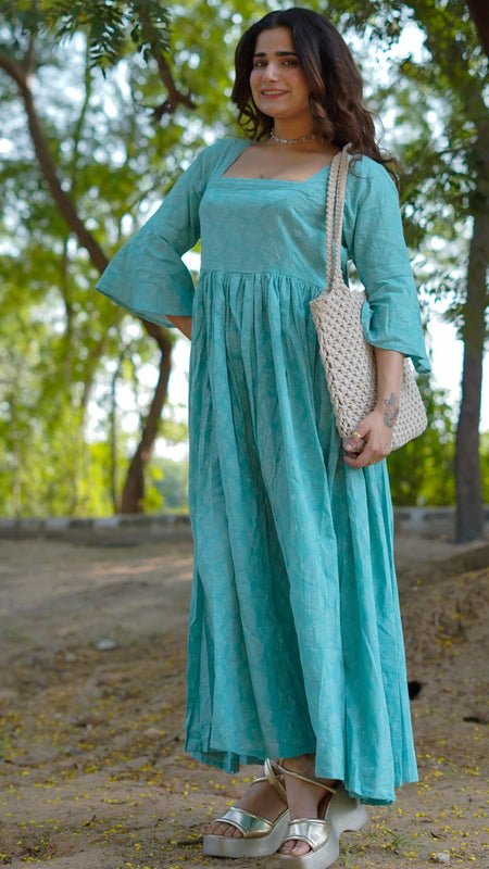 Aarini – Aqua Bloom Handblock Khari Printed Cotton Dress