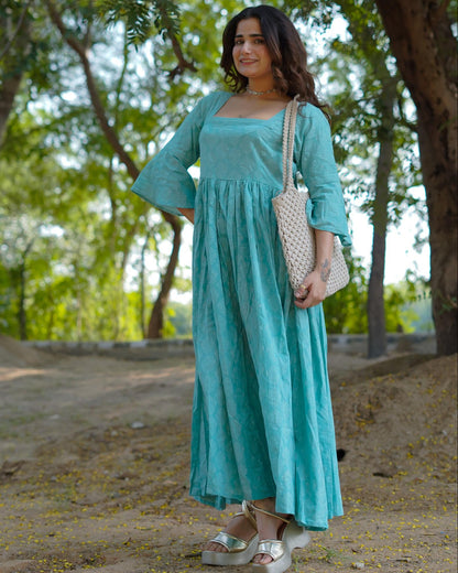 Aarini – Aqua Bloom Handblock Khari Printed Cotton Dress