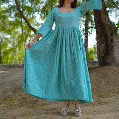 Aarini – Aqua Bloom Handblock Khari Printed Cotton Dress