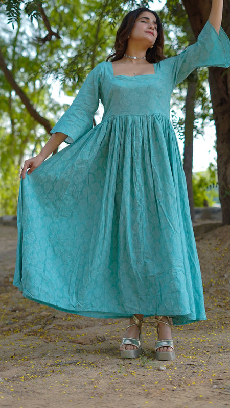 Aarini – Aqua Bloom Handblock Khari Printed Cotton Dress