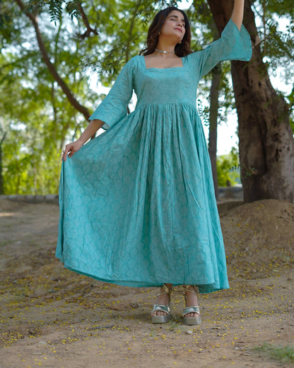 Aarini – Aqua Bloom Handblock Khari Printed Cotton Dress