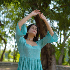 Aarini – Aqua Bloom Handblock Khari Printed Cotton Dress