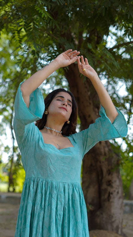 Aarini – Aqua Bloom Handblock Khari Printed Cotton Dress