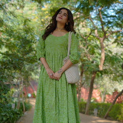 Niharika Pure Cotton Handblock Khari Print Green Dress