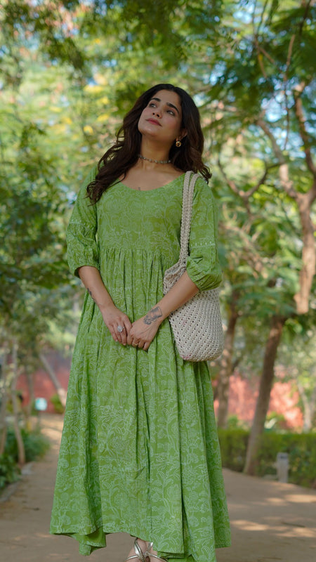 Niharika Pure Cotton Handblock Khari Print Green Dress