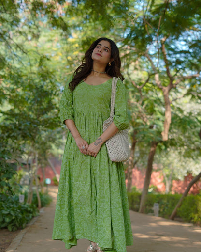 Niharika Pure Cotton Handblock Khari Print Green Dress
