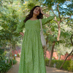 Niharika Pure Cotton Handblock Khari Print Green Dress