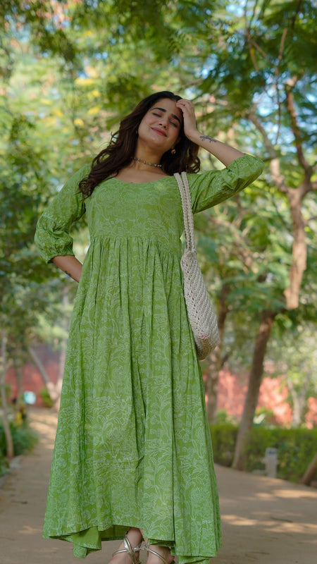 Niharika Pure Cotton Handblock Khari Print Green Dress