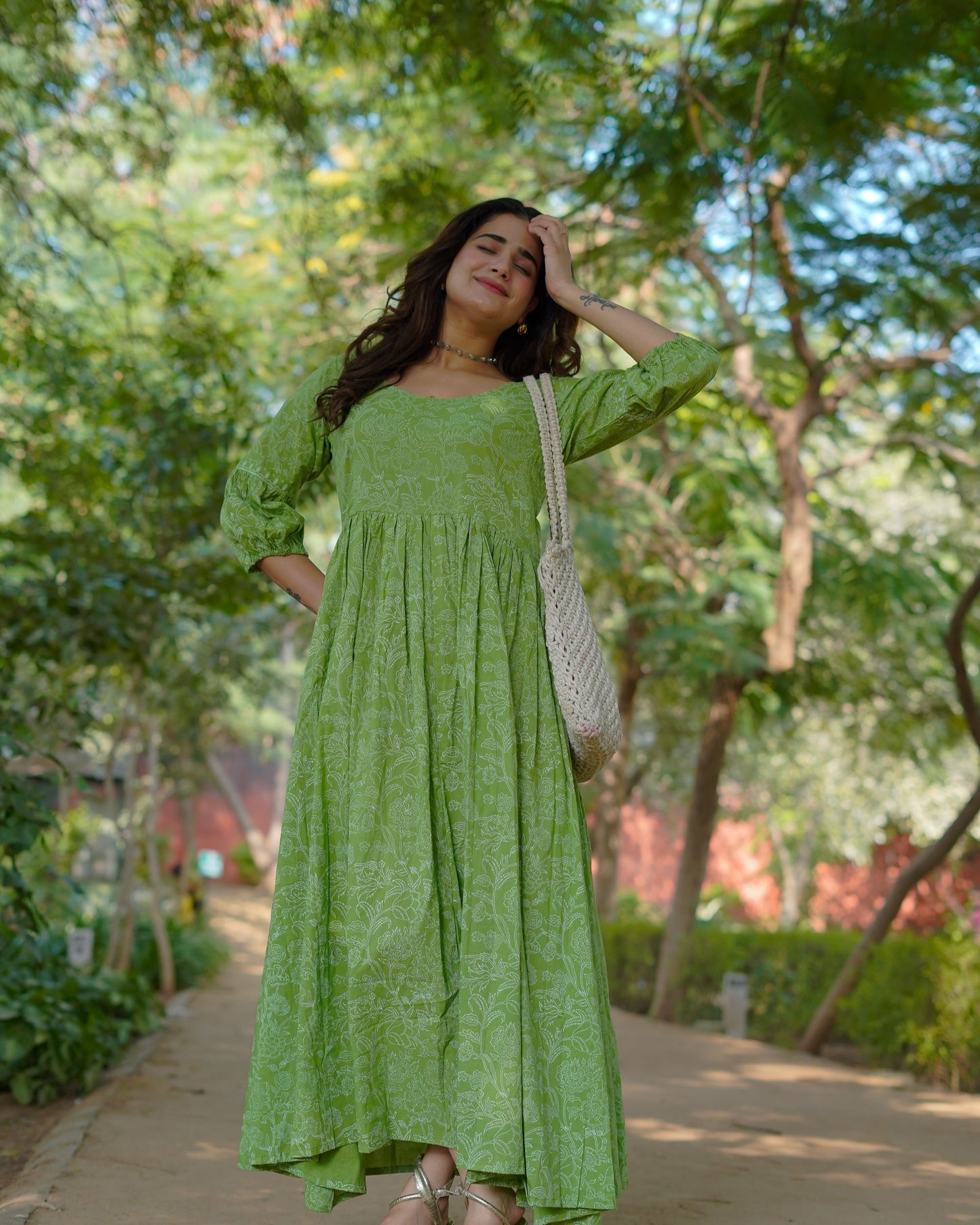 Niharika Pure Cotton Handblock Khari Print Green Dress
