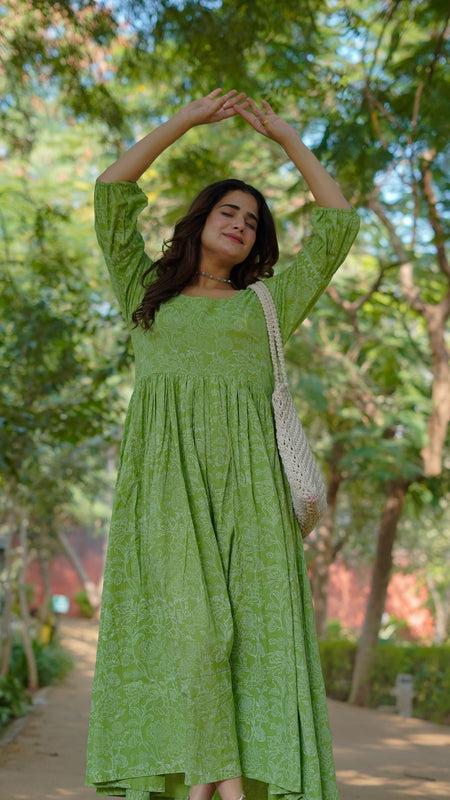 Niharika Pure Cotton Handblock Khari Print Green Dress