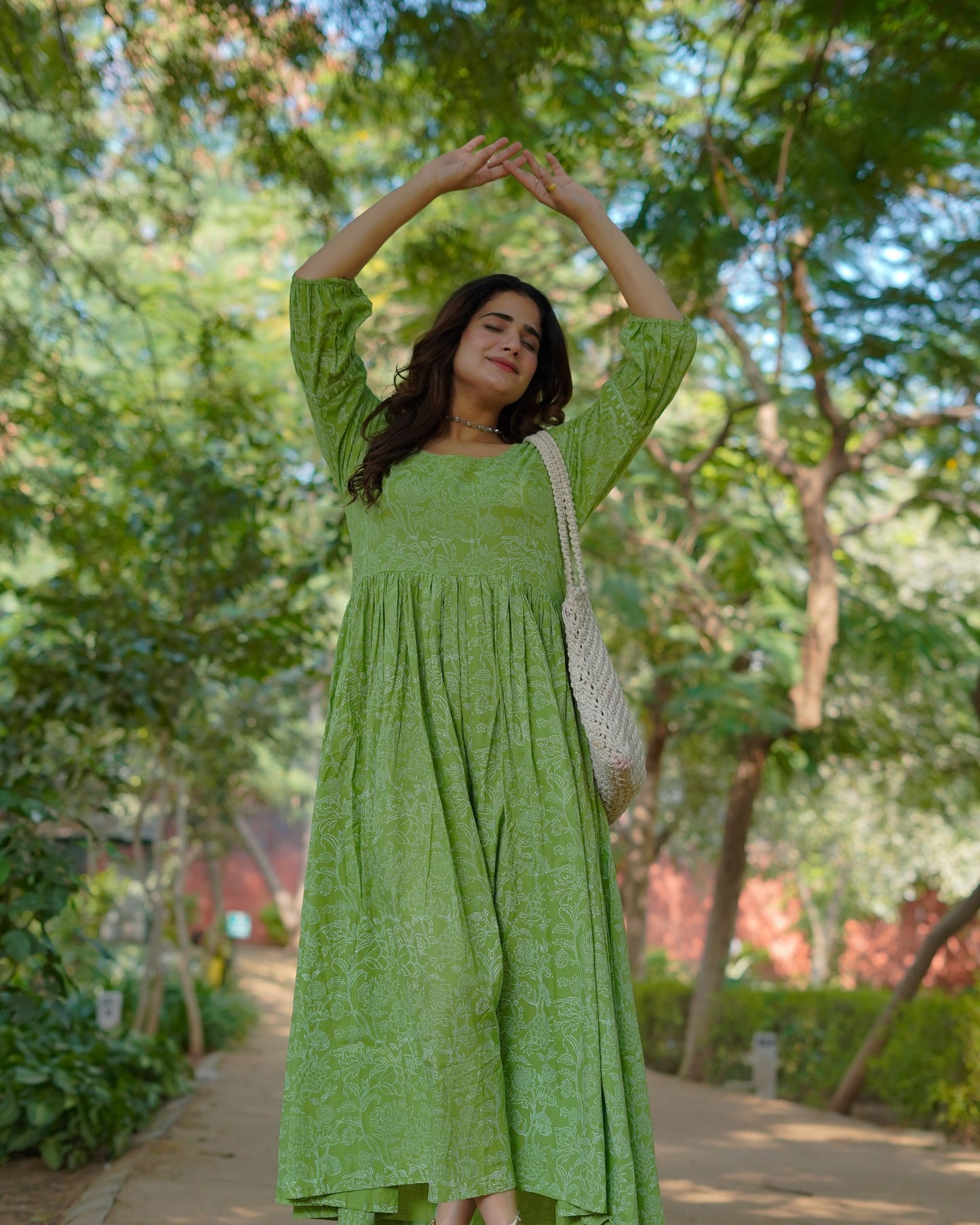 Niharika Pure Cotton Handblock Khari Print Green Dress