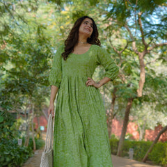 Niharika Pure Cotton Handblock Khari Print Green Dress