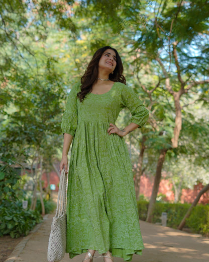 Niharika Pure Cotton Handblock Khari Print Green Dress