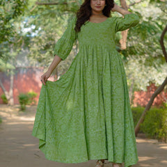 Niharika Pure Cotton Handblock Khari Print Green Dress