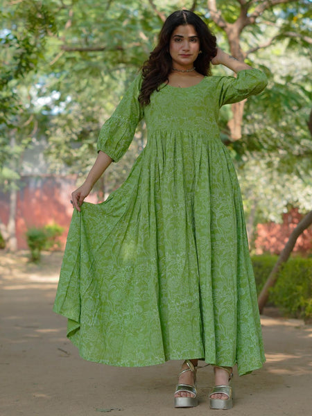 Niharika Pure Cotton Handblock Khari Print Green Dress
