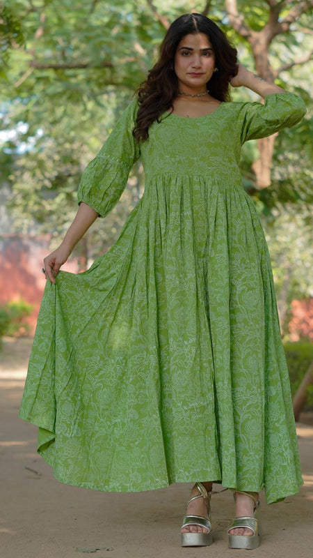 Niharika Pure Cotton Handblock Khari Print Green Dress