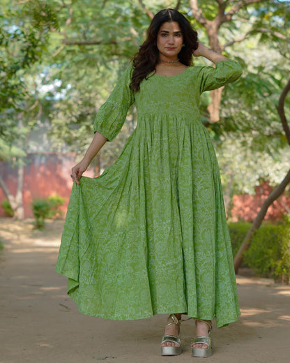 Niharika Pure Cotton Handblock Khari Print Green Dress