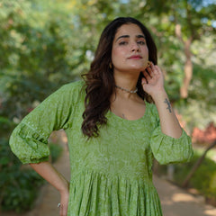 Niharika Pure Cotton Handblock Khari Print Green Dress