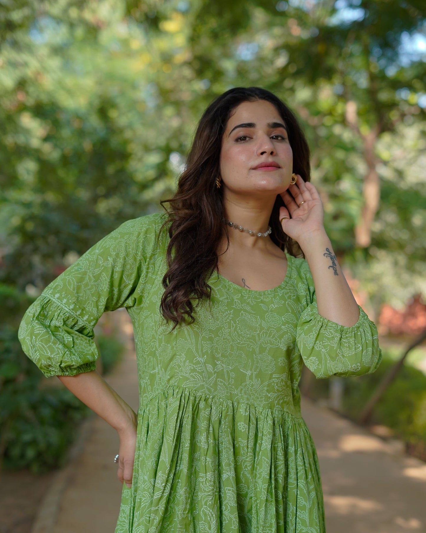 Niharika Pure Cotton Handblock Khari Print Green Dress