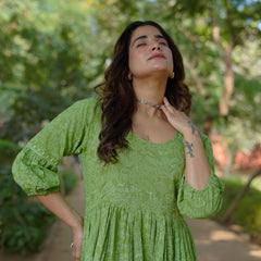 Niharika Pure Cotton Handblock Khari Print Green Dress