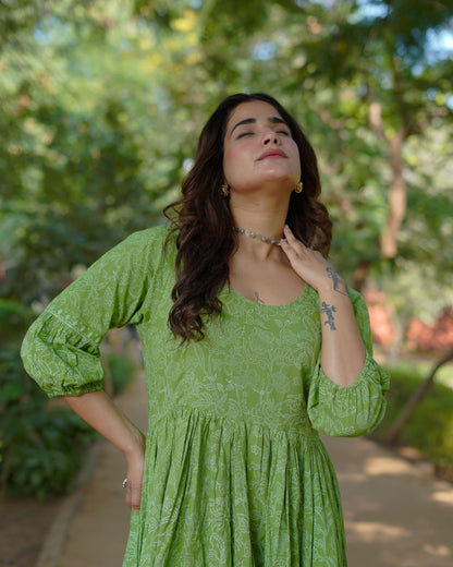 Niharika Pure Cotton Handblock Khari Print Green Dress