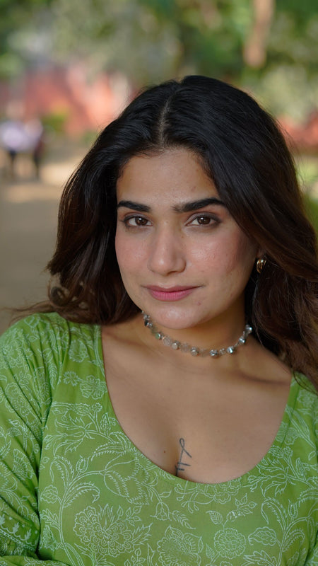 Niharika Pure Cotton Handblock Khari Print Green Dress