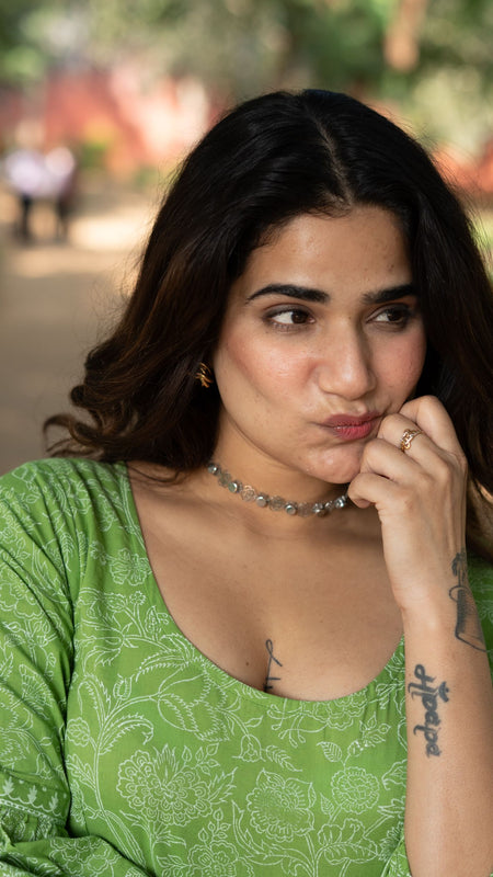 Niharika Pure Cotton Handblock Khari Print Green Dress