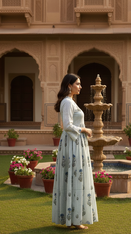 Blue printed cotton boho dress