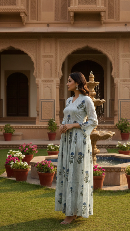 Floral handblock blue dress