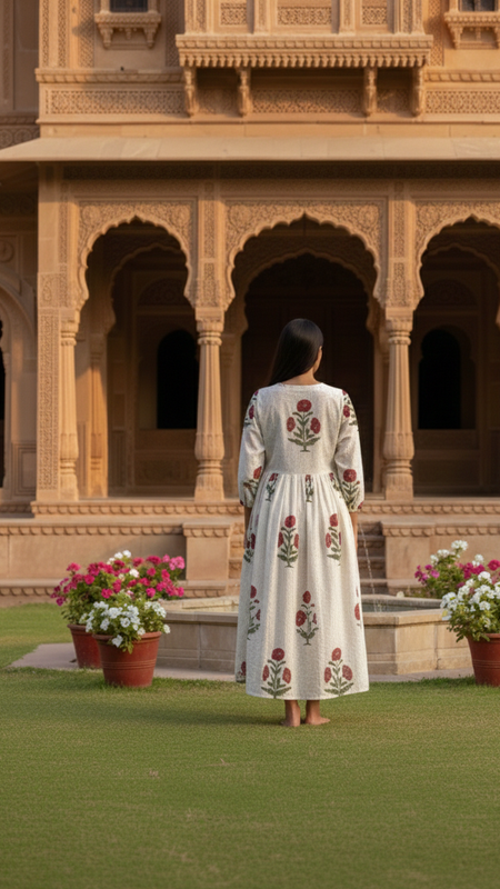 Red floral handblock cotton maxi dress