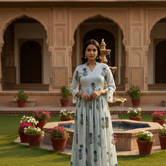 Blue boho cotton long sleeve dress