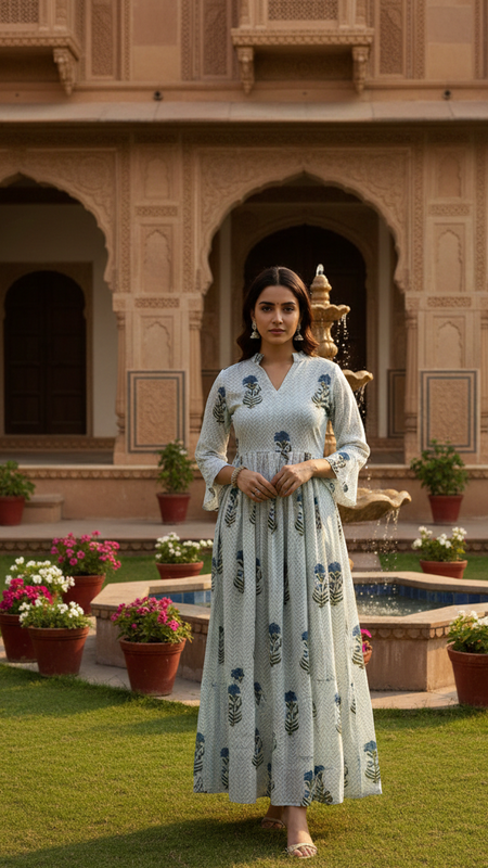 Blue boho cotton long sleeve dress