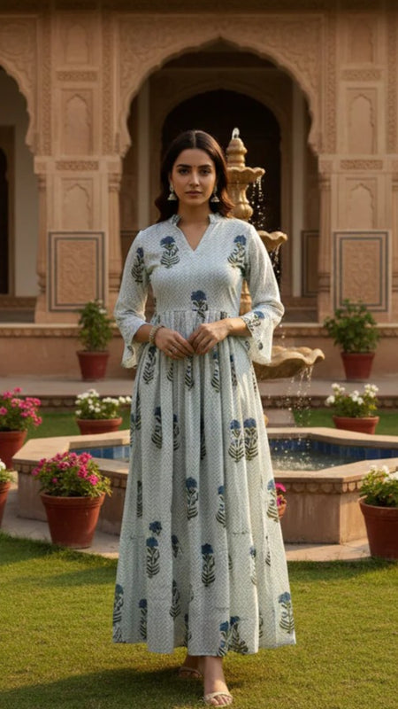 Women’s Floral Block Print Midi Dress with Puff Sleeves