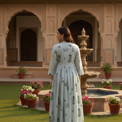 Blue floral handblock cotton dress