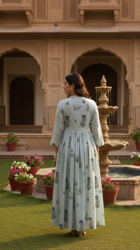 Blue floral handblock cotton dress