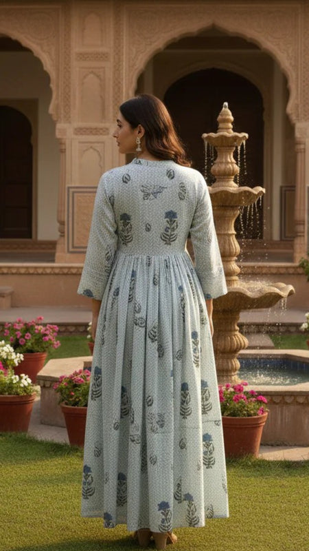Women’s Floral Block Print Midi Dress with Puff Sleeves
