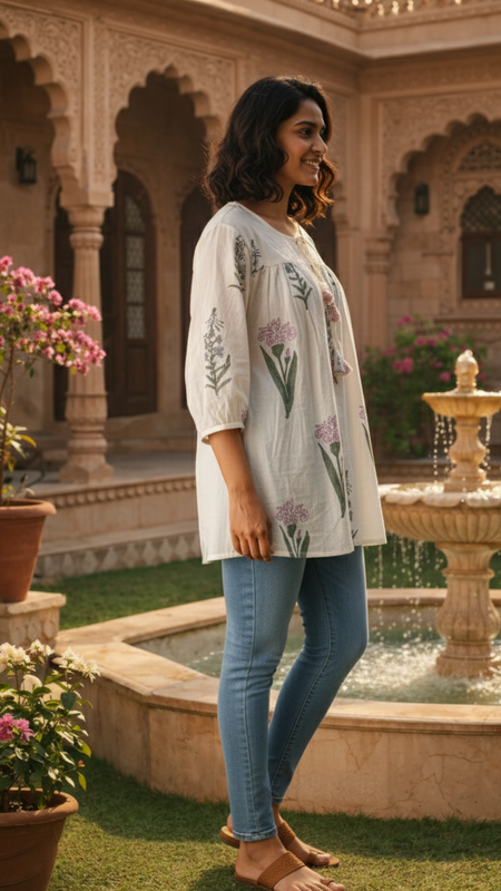 Floral hand block print loose fit top