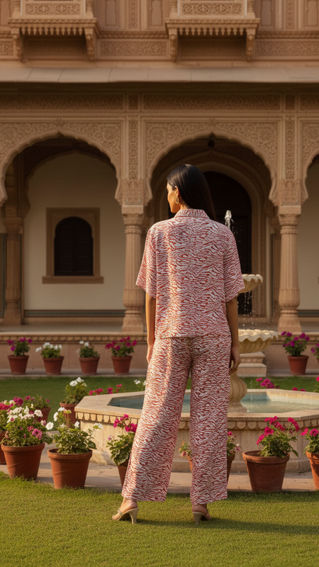 Handblock Printed Cotton Co-ord Set: Red & White Loungewear