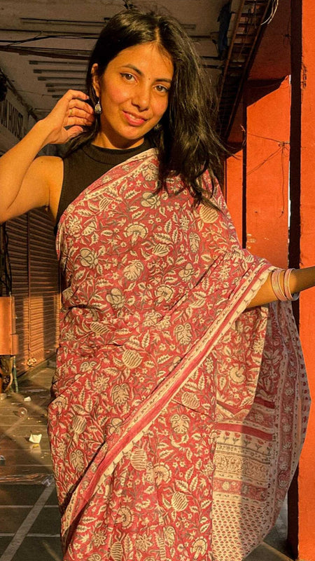 Madhuvan Maroon Printed Floral Cotton Saree