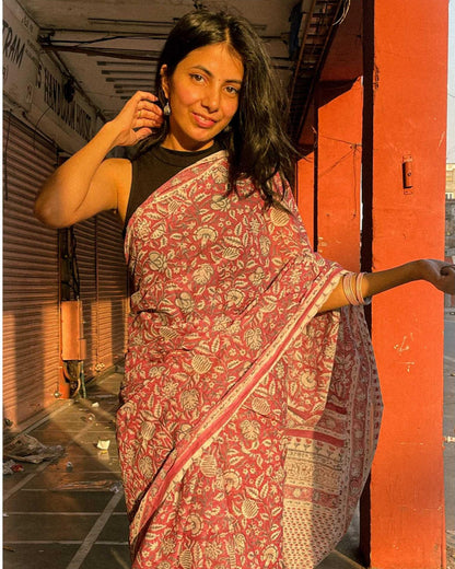 Madhuvan Maroon Printed Floral Cotton Saree