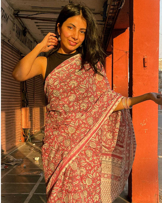 Madhuvan Maroon Printed Floral Cotton Saree