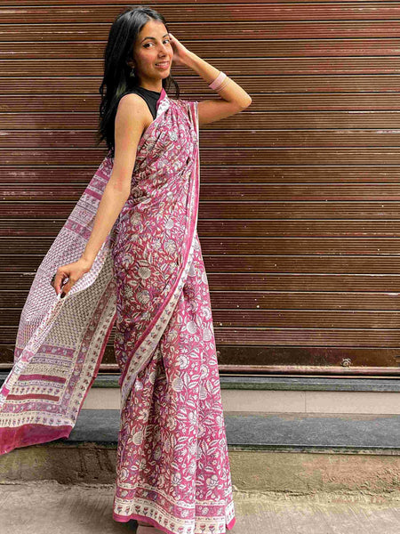 Hand Block Print Kota Doria Cotton Saree: Maroon & White Floral