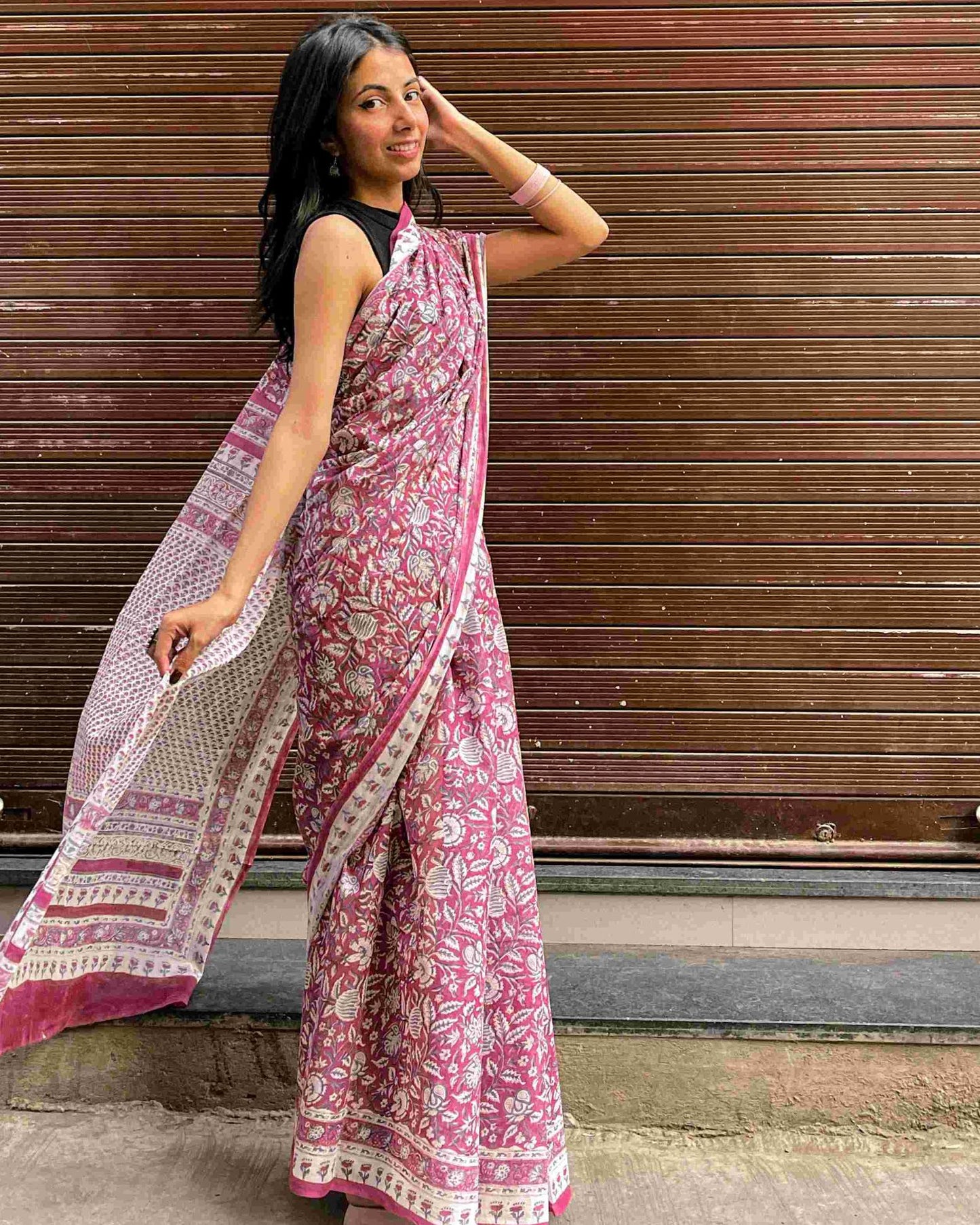 Hand Block Print Kota Doria Cotton Saree: Maroon & White Floral