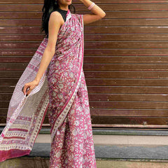Hand Block Print Kota Doria Cotton Saree: Maroon & White Floral